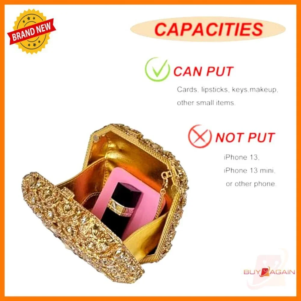 Mini Octagonal Box Clutch Evening Bag with Crystal Rhinestones and Removable